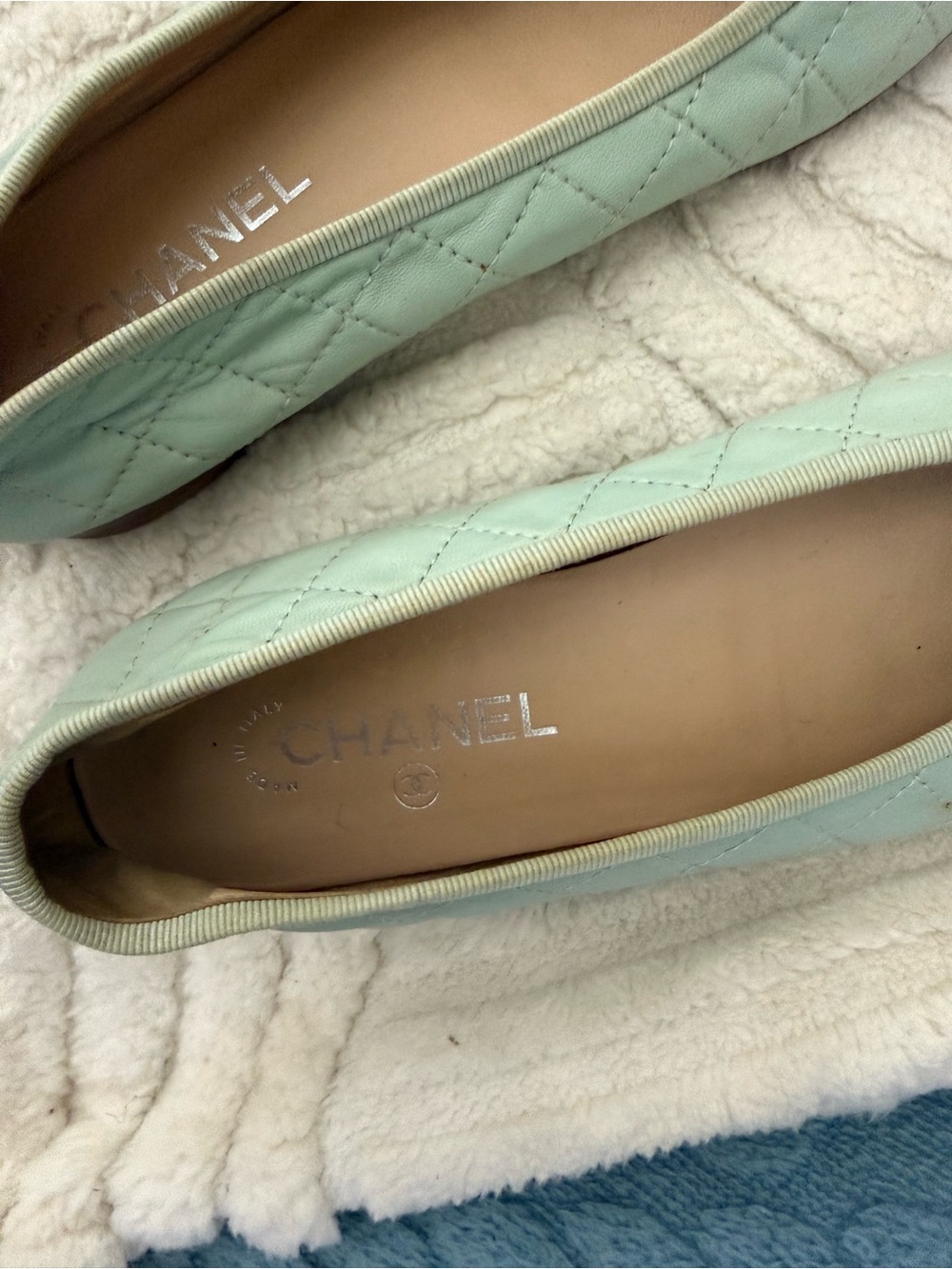 CHANEL Mint Green Quilted Leather Ballet Flats with CC Cap Toe - Picture 6 of 10